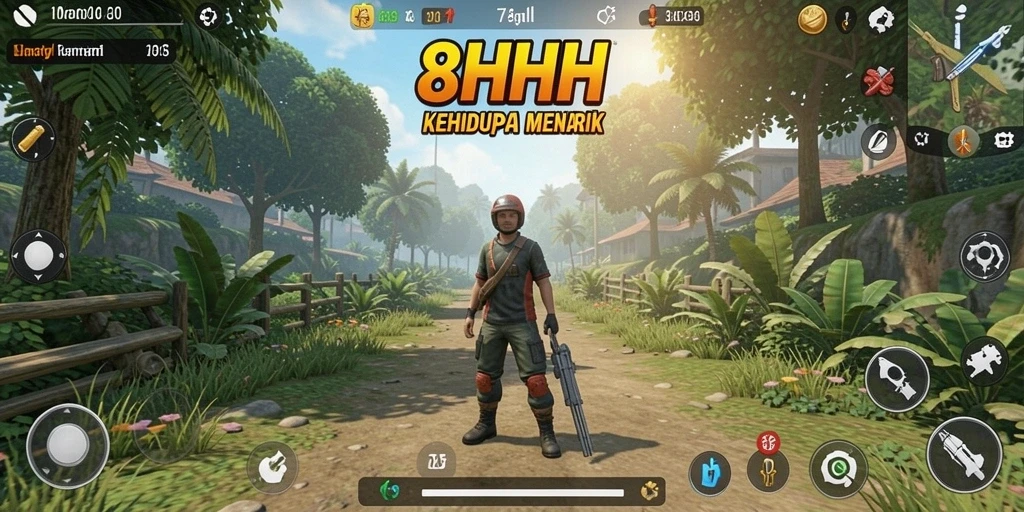 Screenshot utama 8HHH menampilkan interaksi karakter dalam gameplay Simulation.