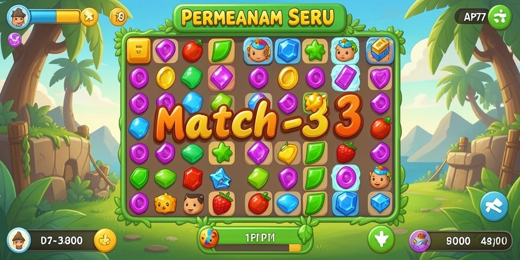 Screenshot menampilkan gameplay Match-3 yang seru dan penuh warna.