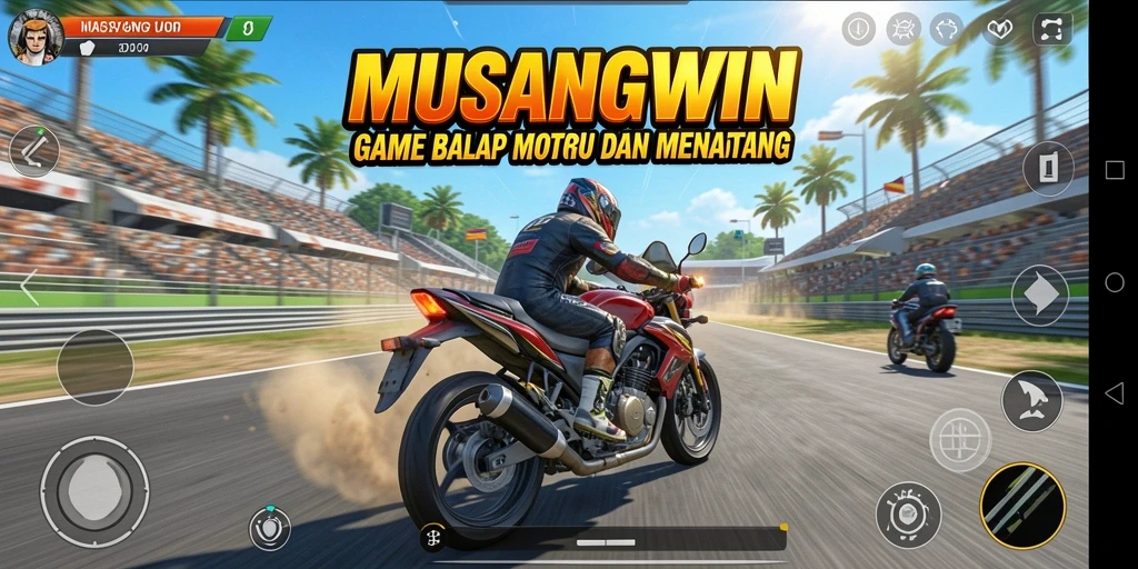 Tampilan gameplay menegangkan dari MUSANGWIN saat balapan motor.