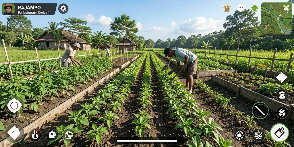 Tangkapan layar utama RAJAMPO menampilkan kebun yang indah dan kaya warna.