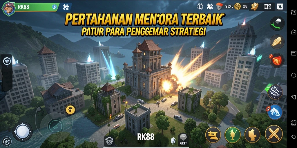 Tangkapan layar RK88 yang menampilkan pertahanan menara yang menawan dan gameplay yang intens.