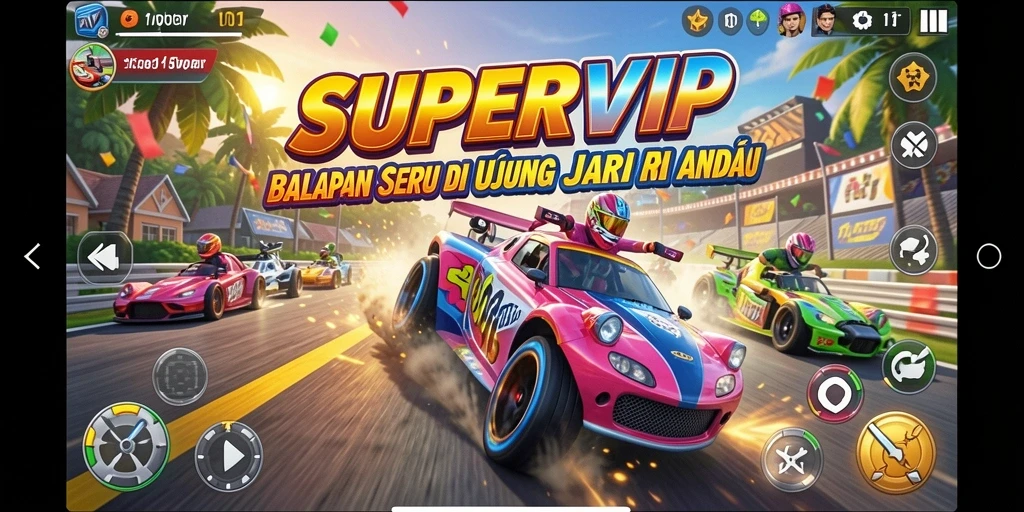 Tampilan gameplay balapan seru di SUPERVIP dengan mobil yang melaju kencang.